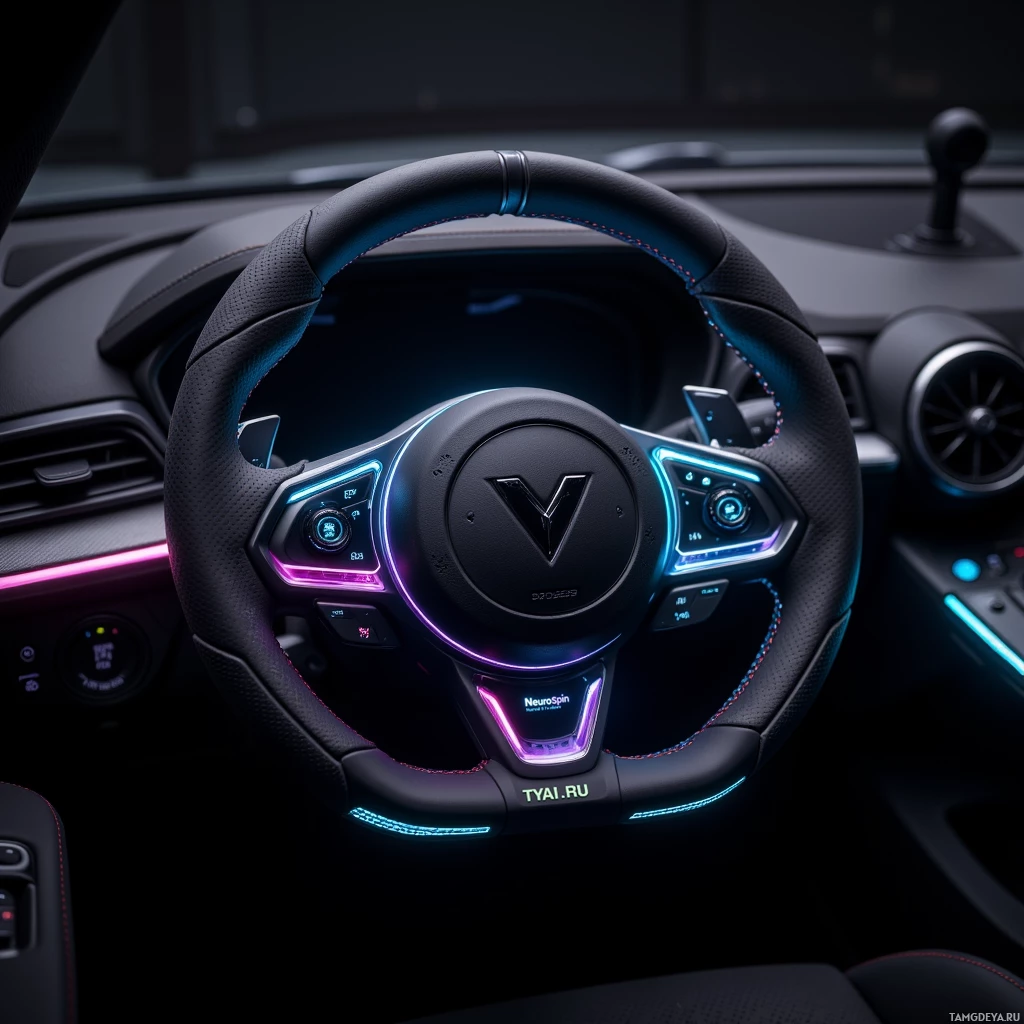 A modern car interior with a sleek steering wheel featuring illuminated controls and a prominent logo.