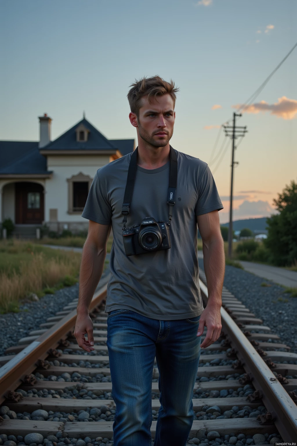 A person stands on train tracks, wearing a camera around their neck, with a house and power lines in the background.