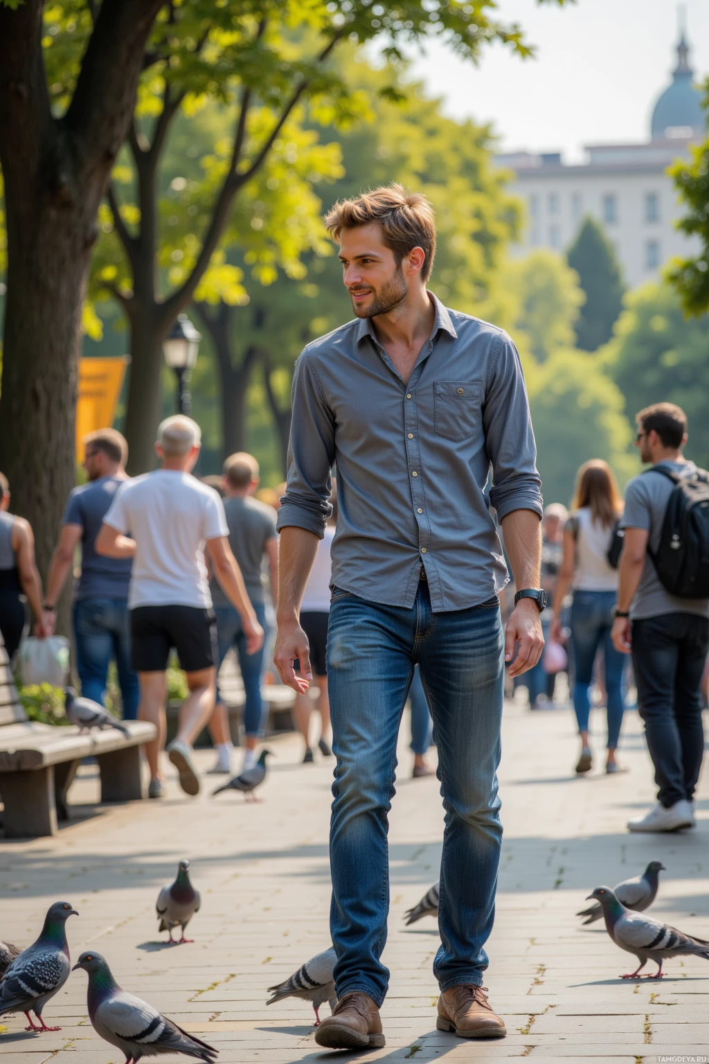 A man in a gray shirt and jeans walks through a park with pigeons and other people in the background.