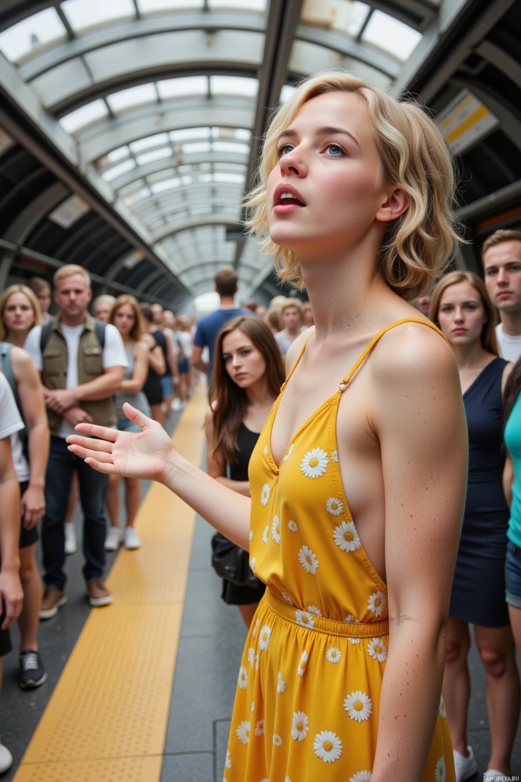 A woman in a yellow floral dress stands on a crowded subway platform.