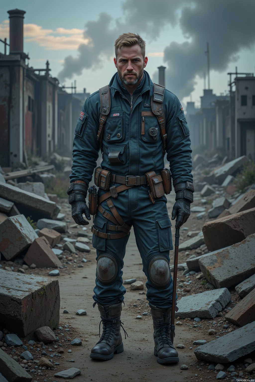 A person in a rugged, utilitarian outfit stands in a desolate, post-apocalyptic setting.