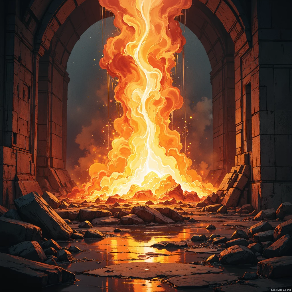 A fiery eruption emerges from a stone archway, illuminating the surrounding area with intense orange and yellow flames.