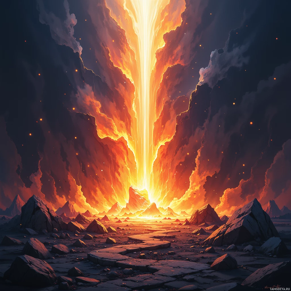 A fiery, dramatic landscape with a glowing vertical fissure and rocky terrain.