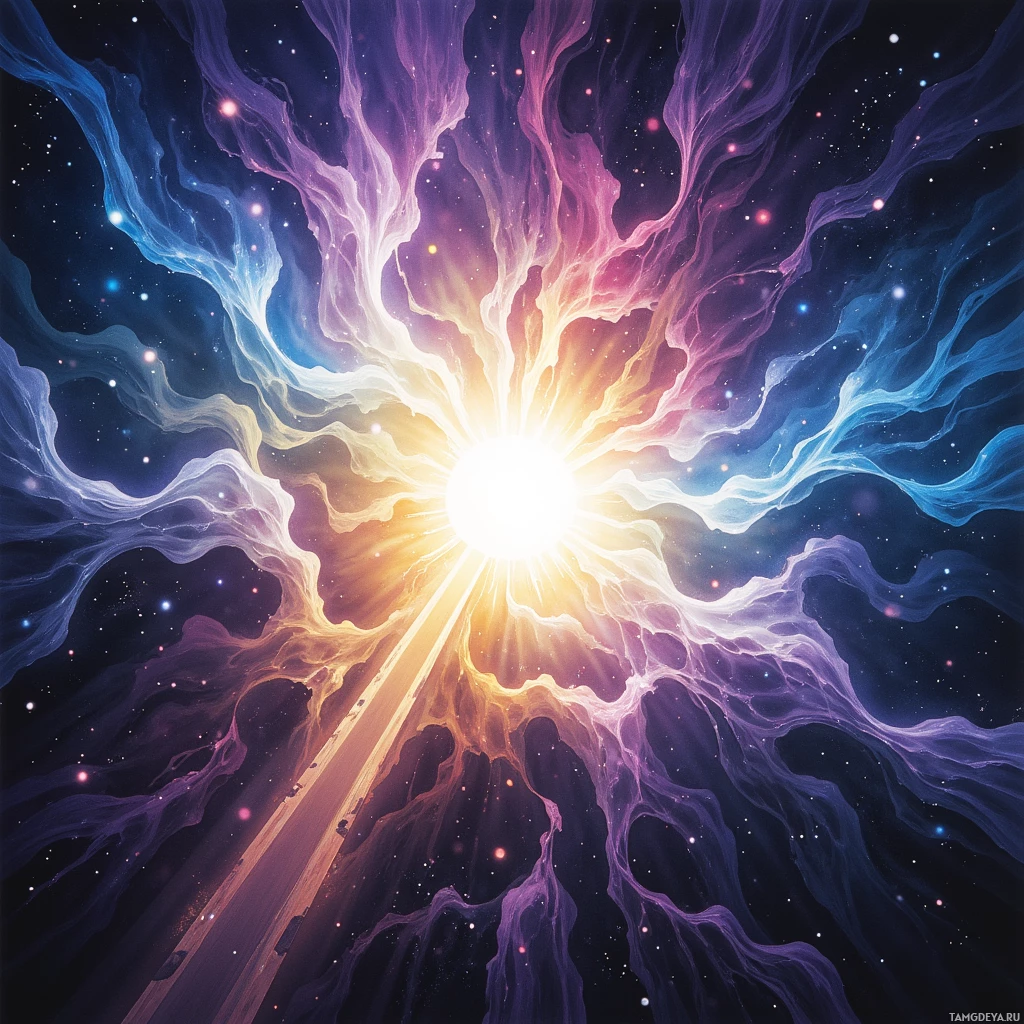 A vibrant cosmic scene with a bright central light radiating outward, surrounded by swirling nebulae and stars.