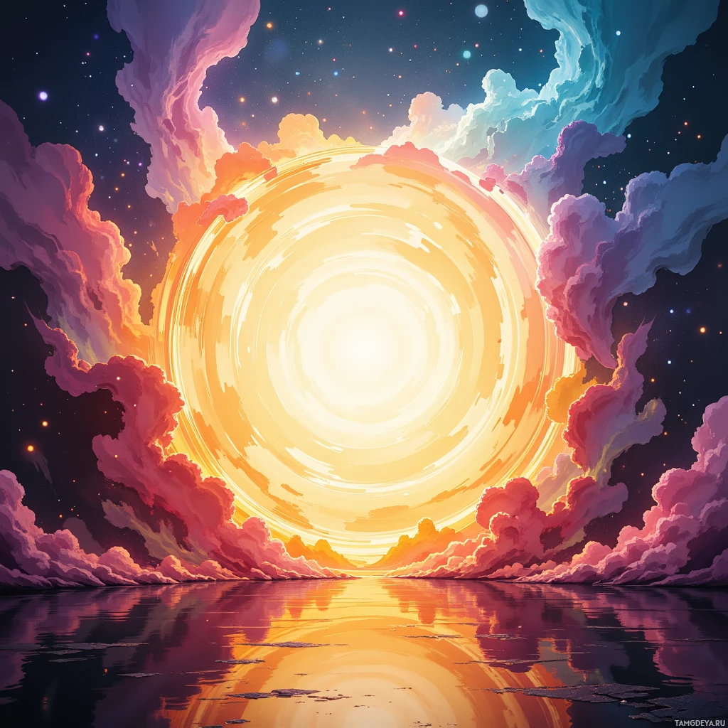 A vibrant, surreal landscape featuring a glowing circular light surrounded by swirling clouds and reflected in a calm body of water.