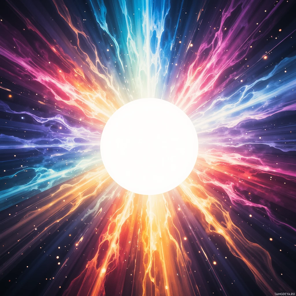 A vibrant cosmic explosion with radiant beams of light in various colors.