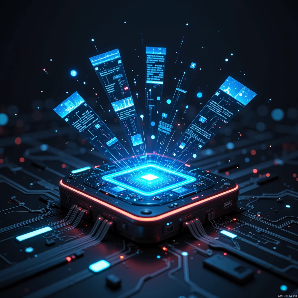 A futuristic circuit board with glowing blue and red lights and floating digital displays.