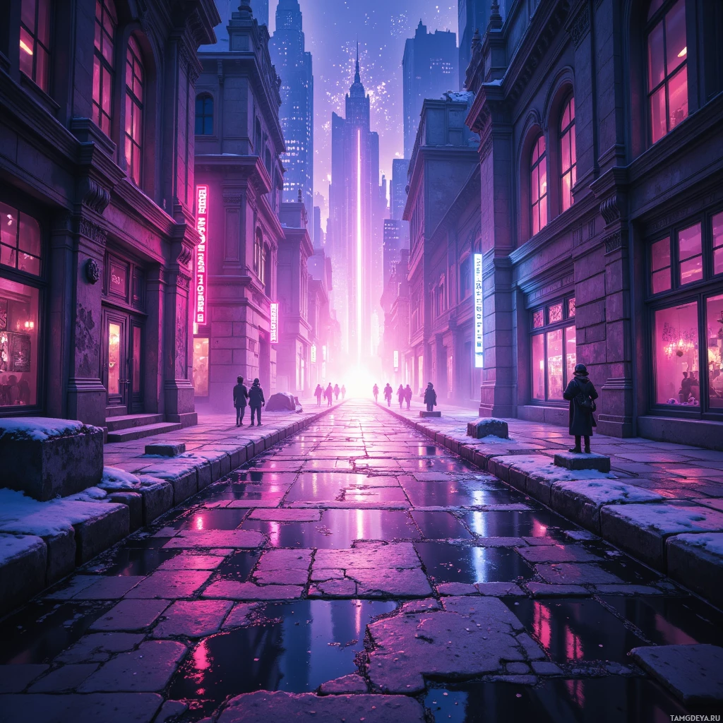 A city street scene with tall buildings, neon lights, and a bright light source in the distance.