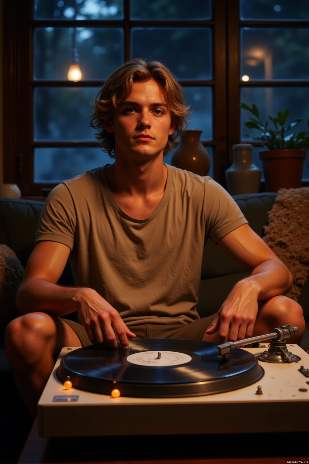 A person sits on a couch, interacting with a record player in a dimly lit room.