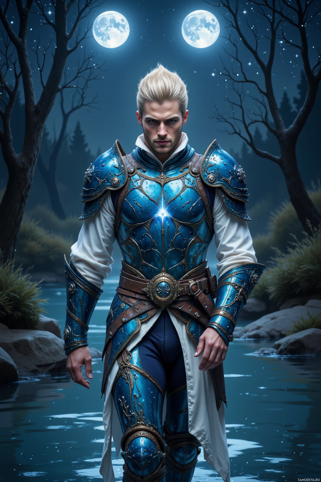 A man in ornate blue armor stands by a serene body of water under a starry night sky.