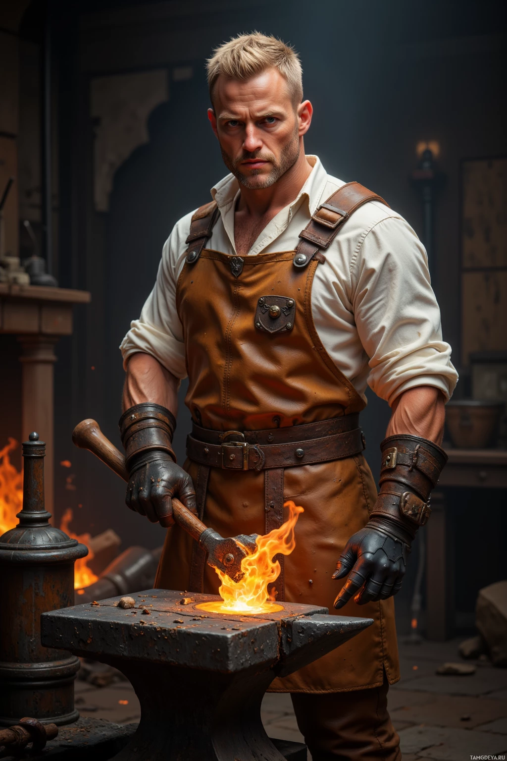 A man in a leather apron and gloves stands at an anvil, holding a hammer, with a forge in the background.