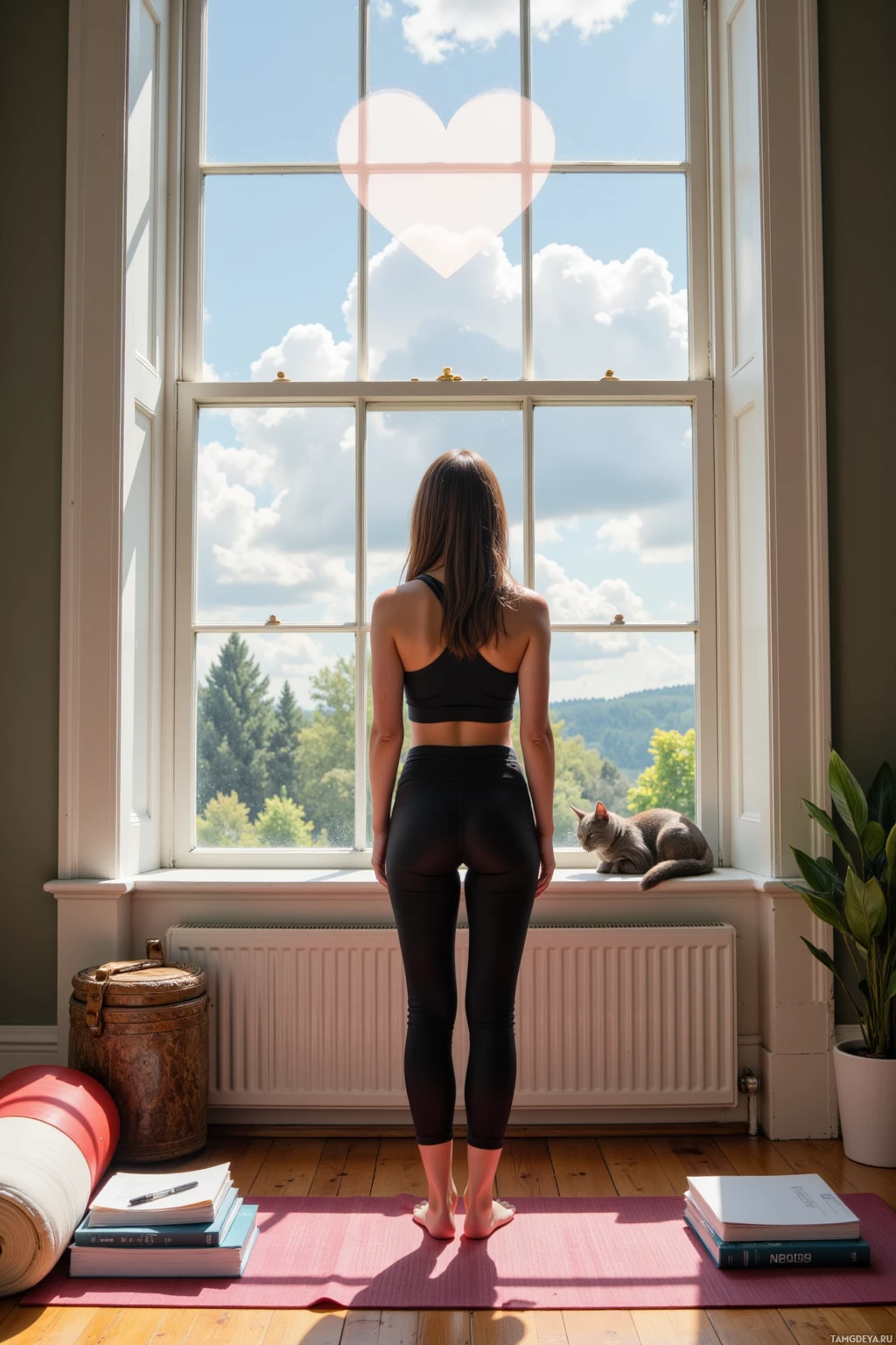 A woman stands on a yoga mat, gazing out a window at a scenic view with a cat perched on the windowsill.