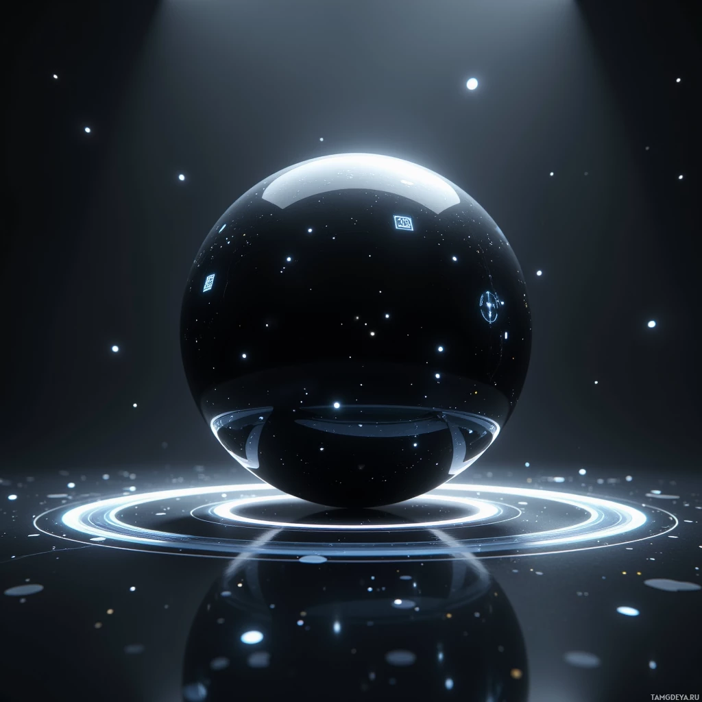 A glowing, reflective sphere with a starry background and concentric light rings.