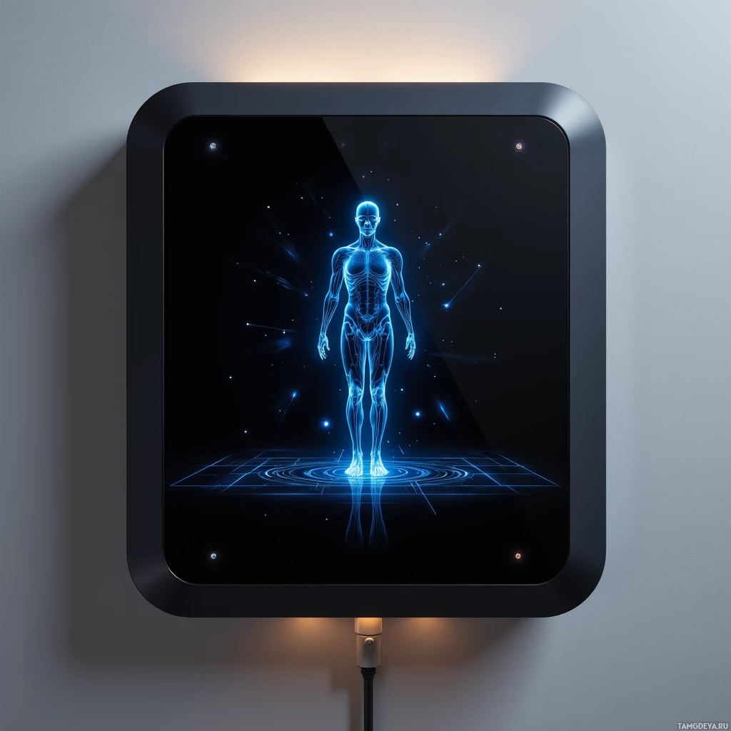 A futuristic display showing a glowing blue human figure against a dark background with a grid and star-like elements.