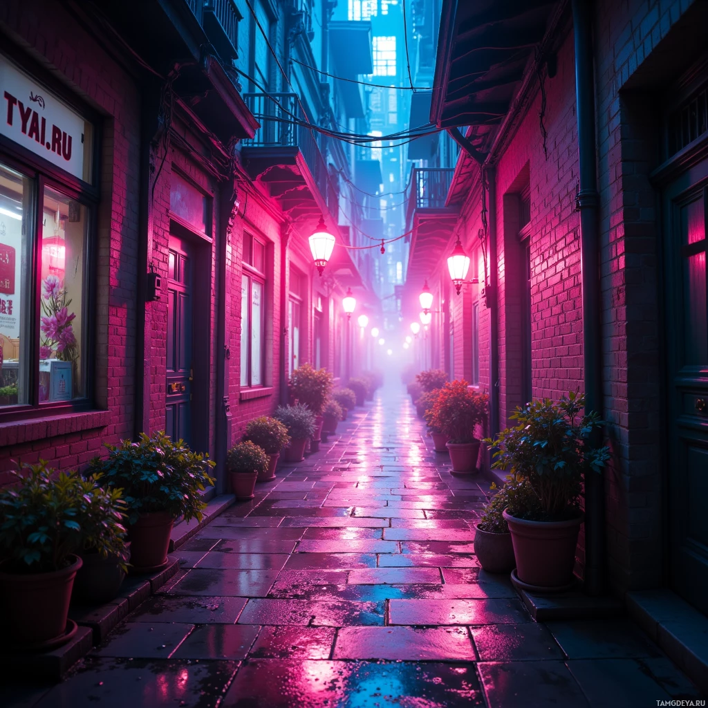 A narrow alleyway lined with brick buildings, illuminated by pink and blue lights, with potted plants along the sides.