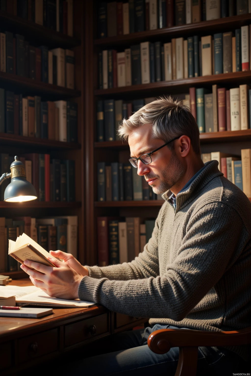 A man in glasses reads a book in a library setting.