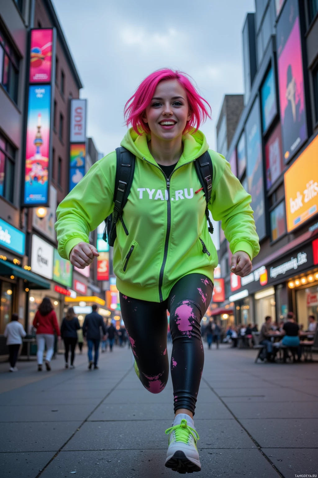 A person with bright pink hair and a neon green jacket runs down a busy street.