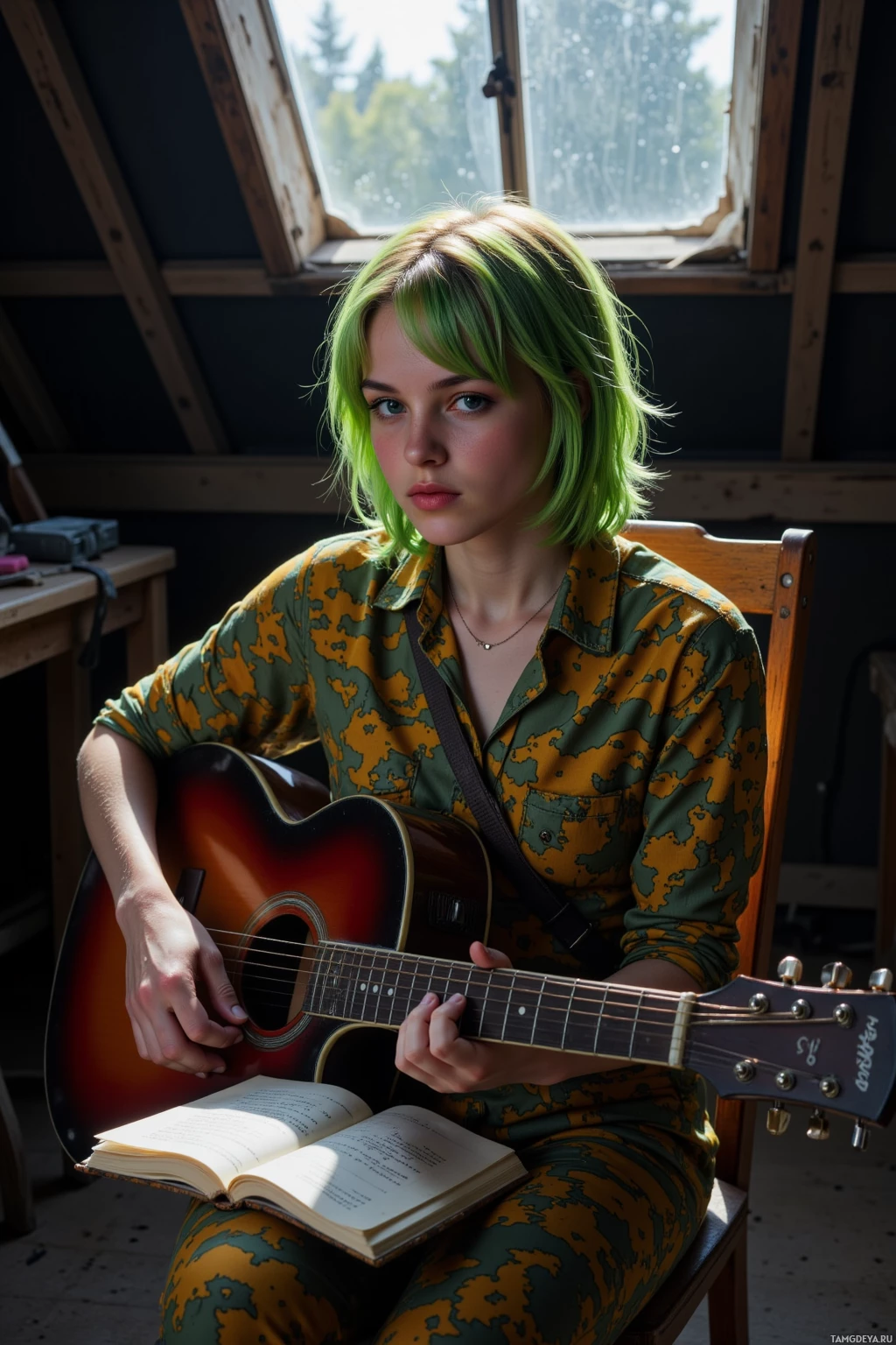 A person with green hair sits in a chair, holding an acoustic guitar and an open book.