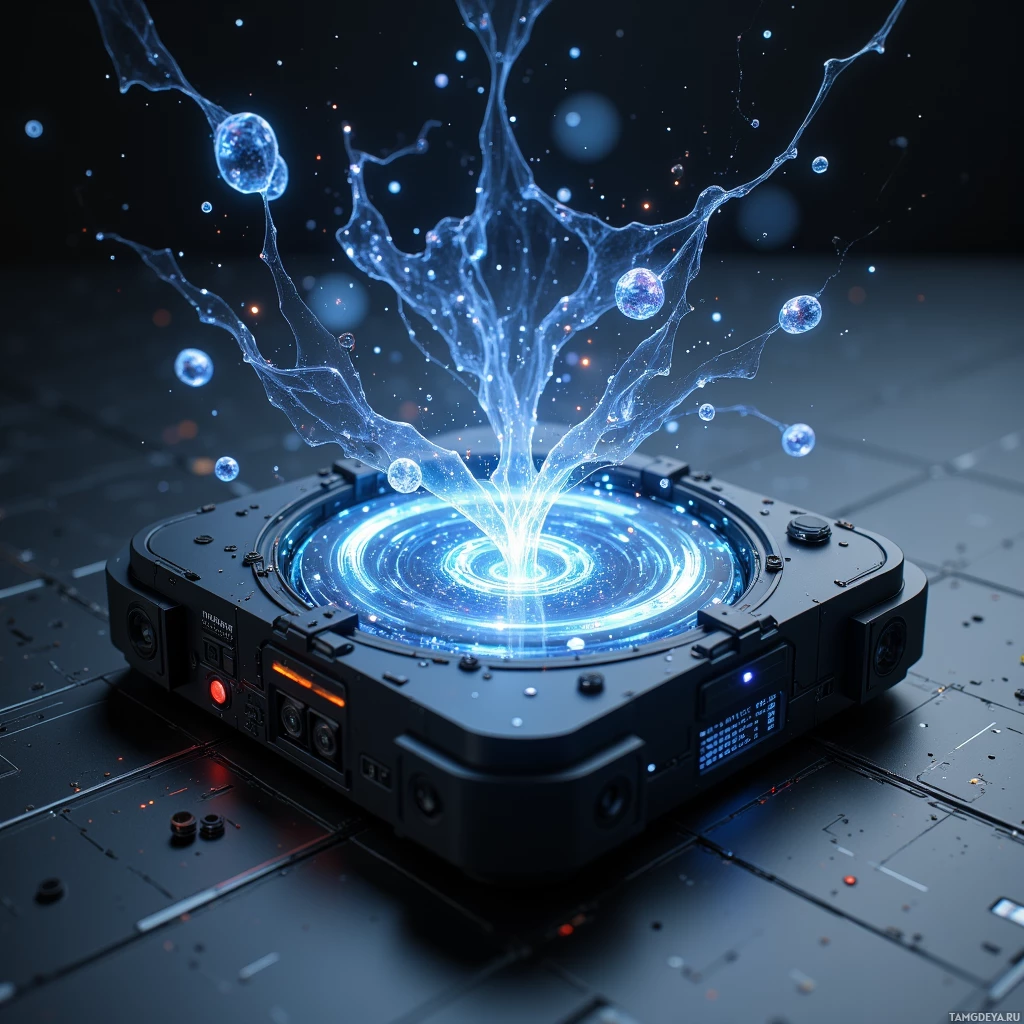 A futuristic device emitting glowing blue energy and particles.