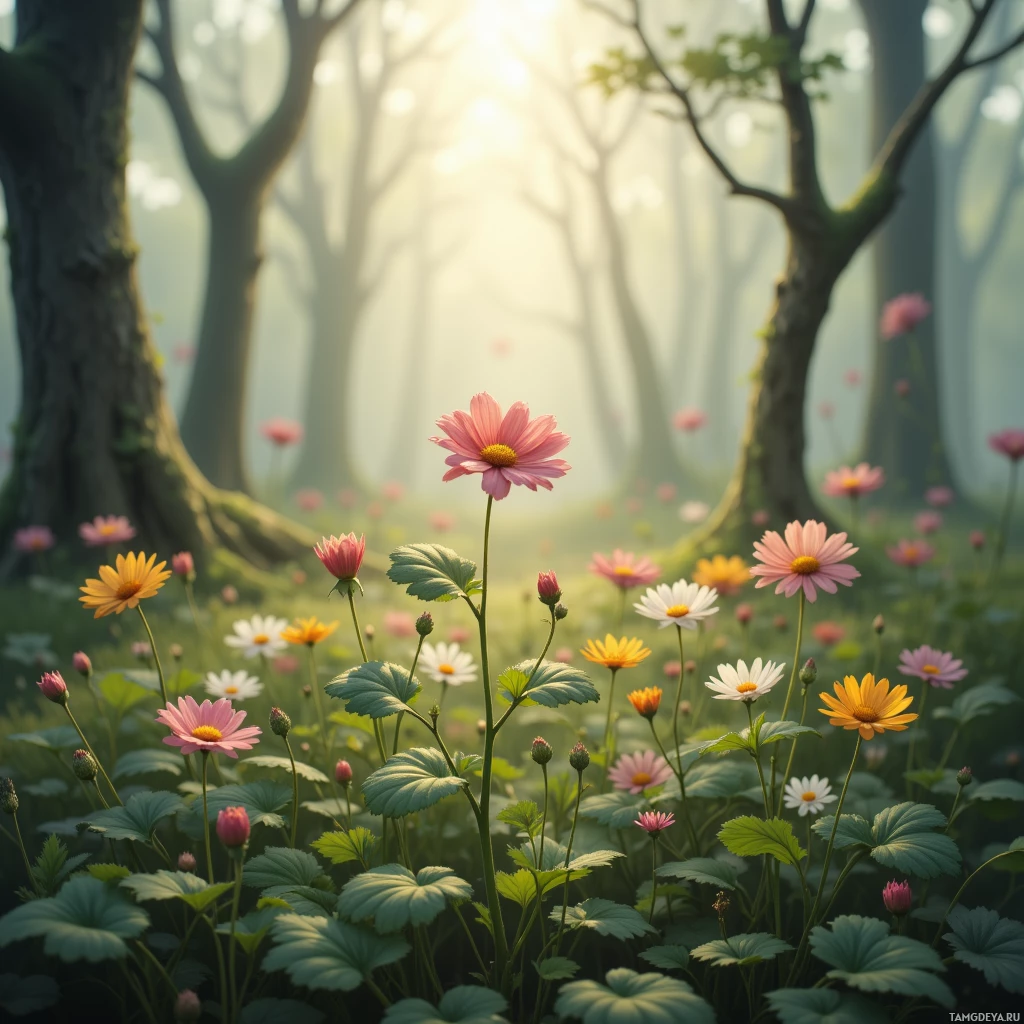 A serene forest scene with blooming flowers and dappled sunlight filtering through the trees.