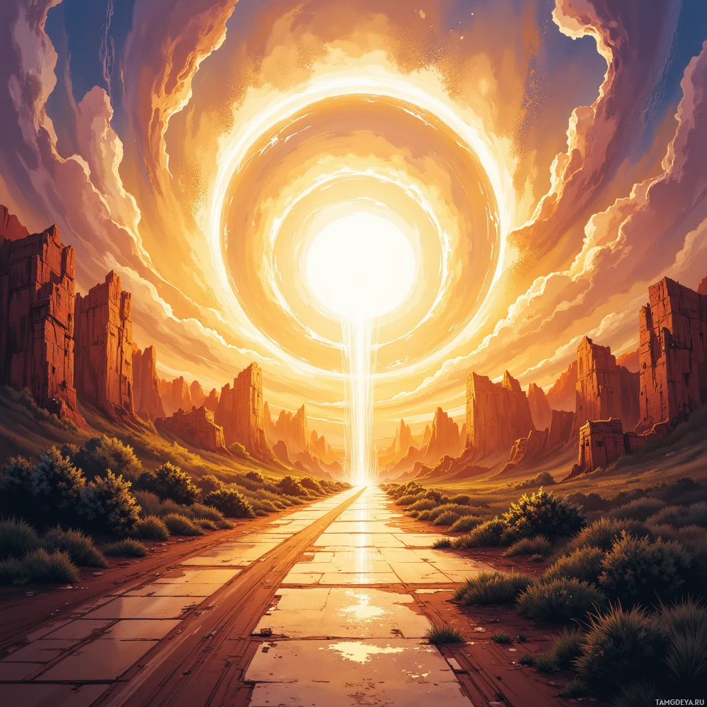 A surreal landscape featuring a glowing portal in the sky and a path leading towards it.