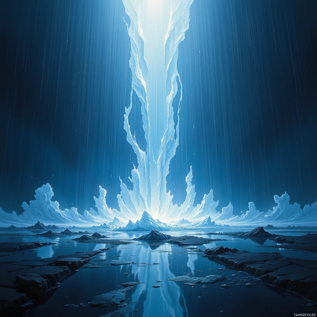 A serene, icy landscape with glowing ice formations and a calm body of water reflecting the scene.