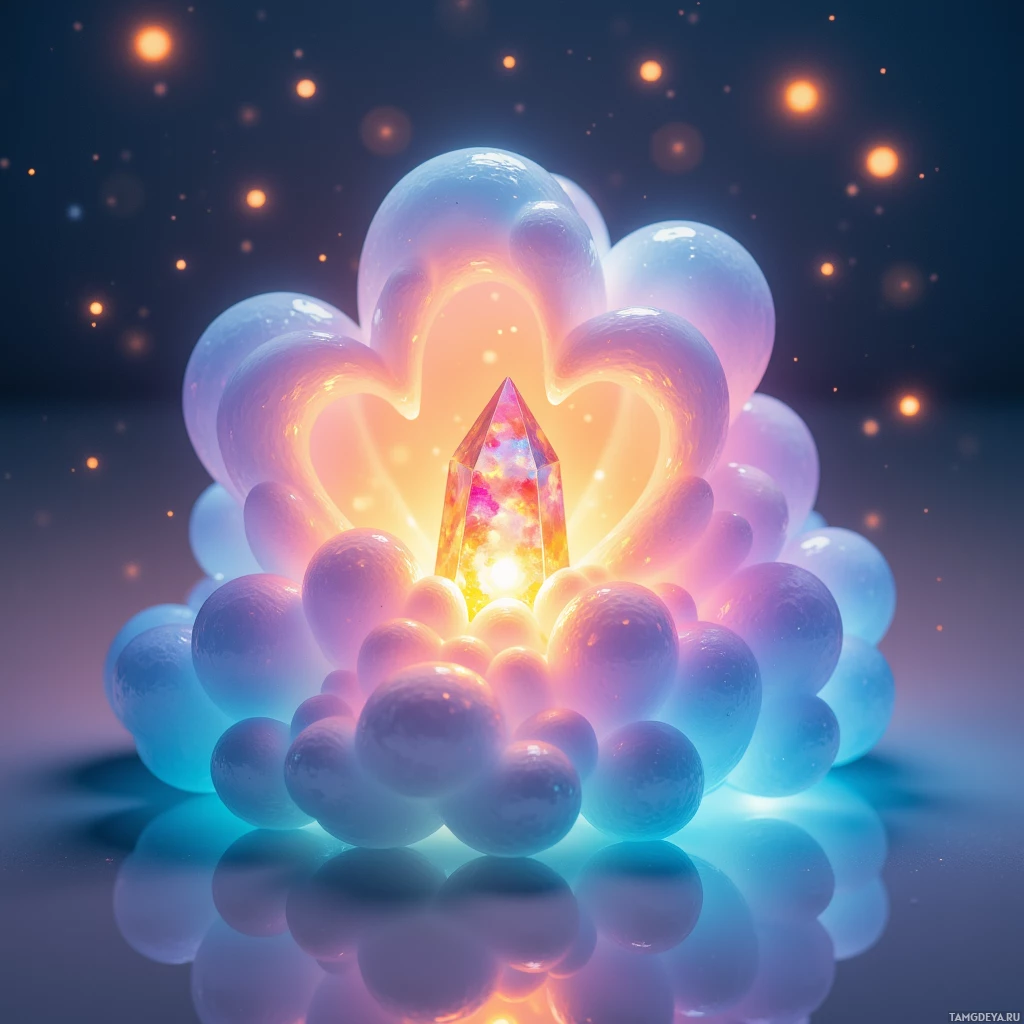 A glowing crystal surrounded by translucent spheres on a reflective surface.