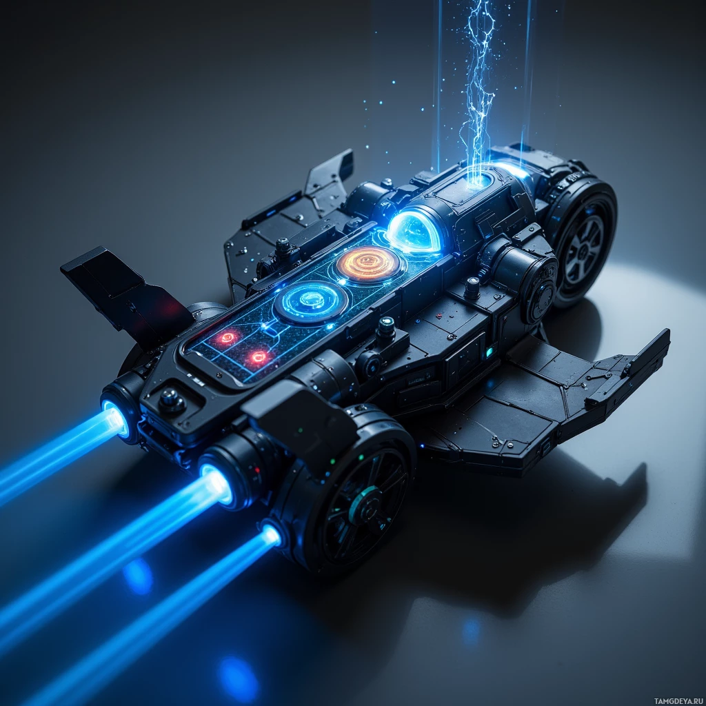 A futuristic vehicle with glowing blue lights and advanced technology.