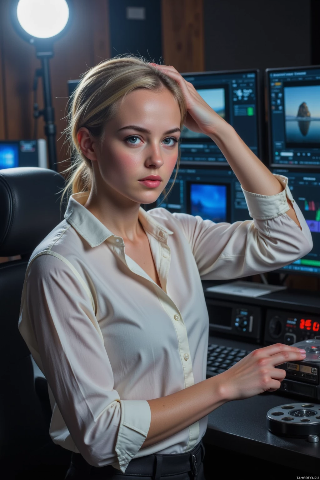 A woman in a professional setting, wearing a white shirt, with monitors and equipment in the background.