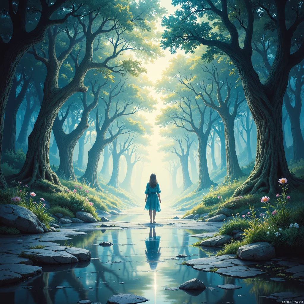 A serene forest scene with a person standing on a stone path leading towards a bright light at the end of the path.