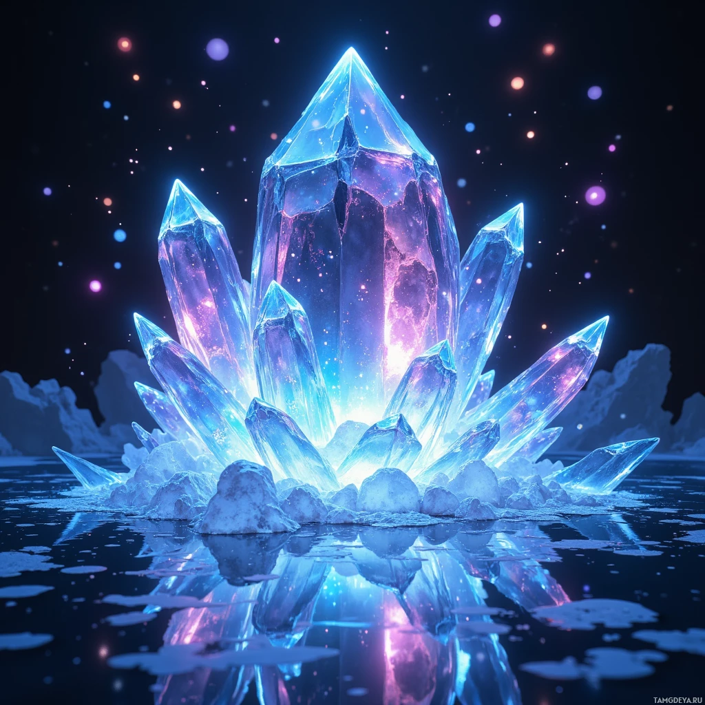 A glowing crystal formation with a reflective surface and a starry background.