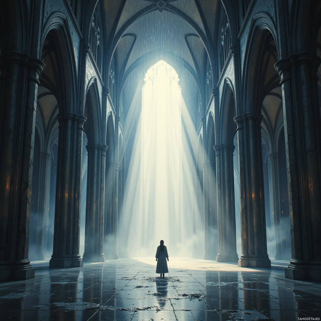 A solitary figure stands in a grand, dimly lit cathedral with beams of light streaming through the stained glass window above.