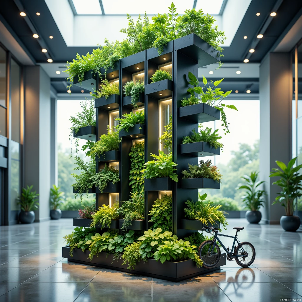 A modern indoor space features a tall, multi-tiered vertical garden with lush green plants and a bicycle parked at its base.
