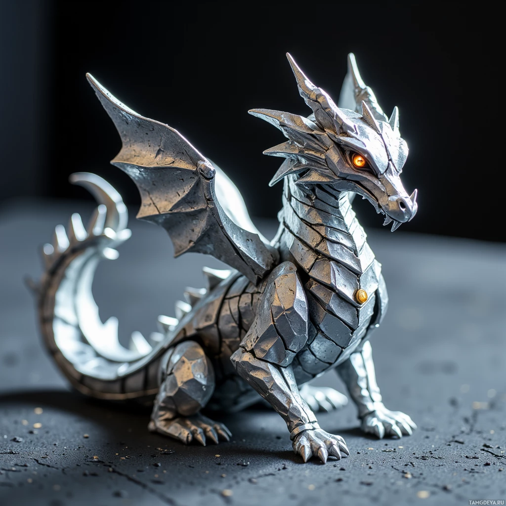A metallic dragon figurine with glowing eyes and detailed scales.