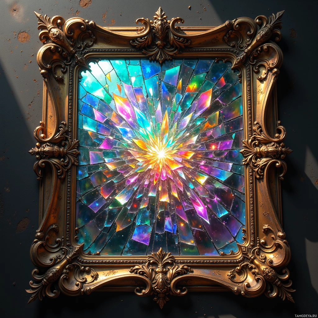 A vibrant, shattered glass mosaic in a ornate gold frame.