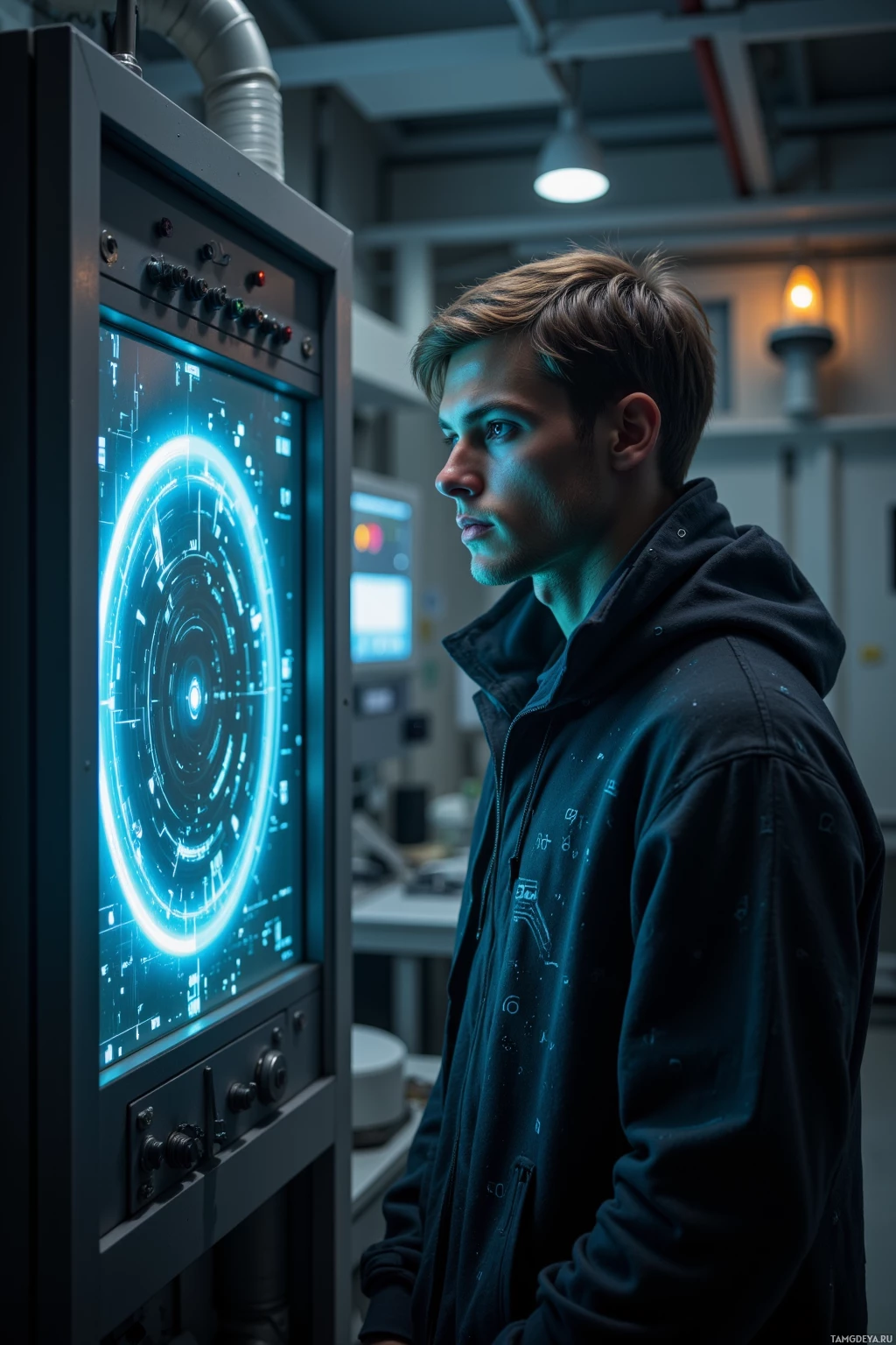 A person in a hoodie stands in a dimly lit room, observing a glowing, futuristic control panel.