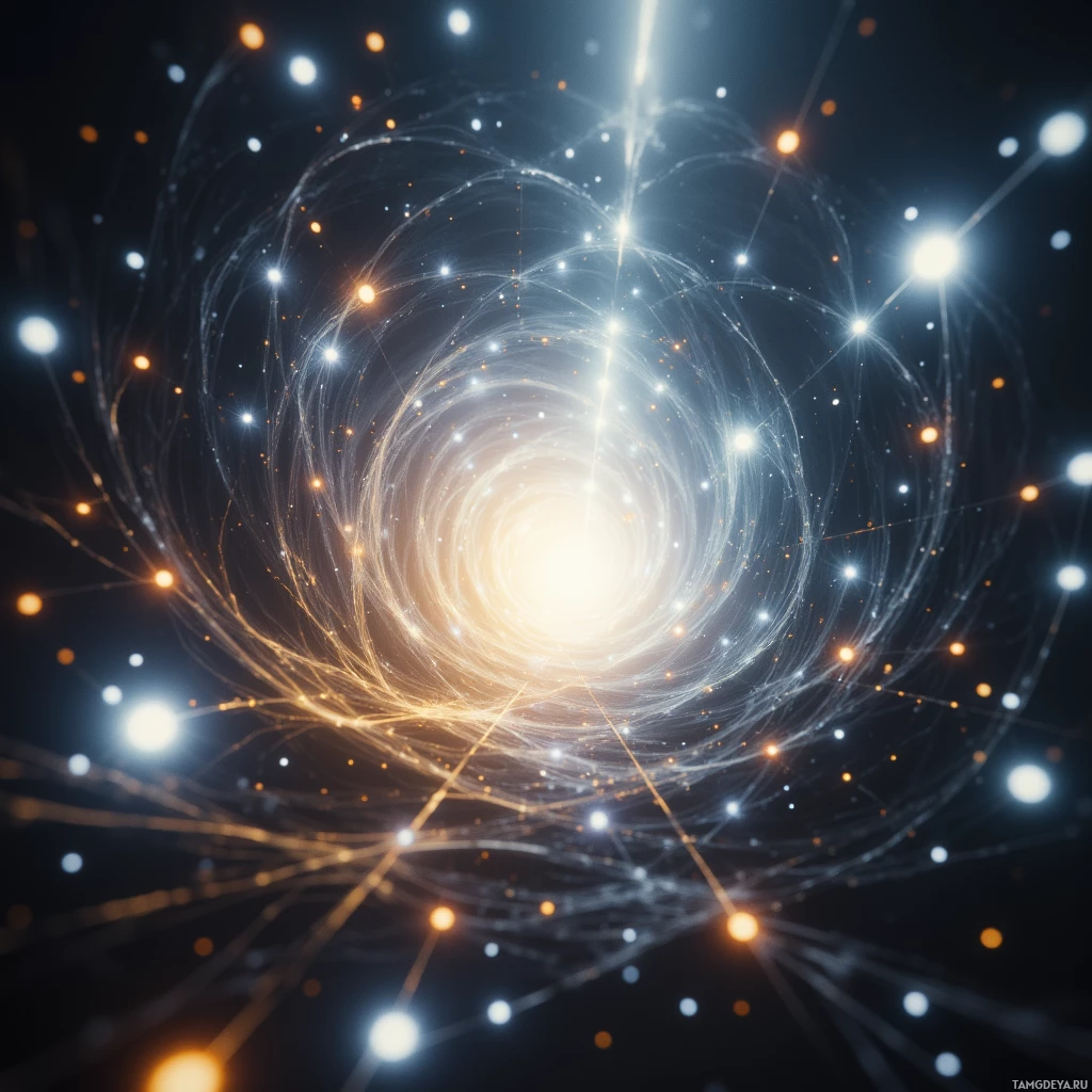 A cosmic scene featuring swirling light trails and glowing particles against a dark background.