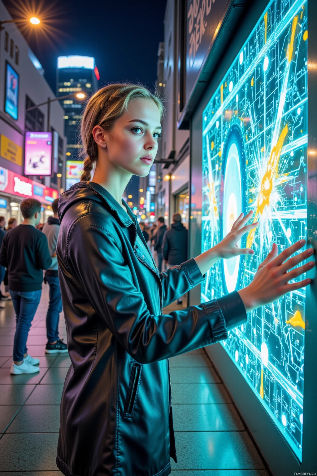 A person in a leather jacket interacts with a large, illuminated display in a bustling urban setting at night.