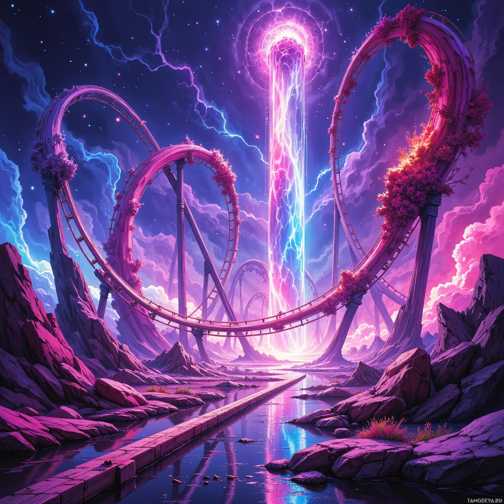 A fantastical landscape featuring a glowing, ethereal structure with looping arches and vibrant colors.