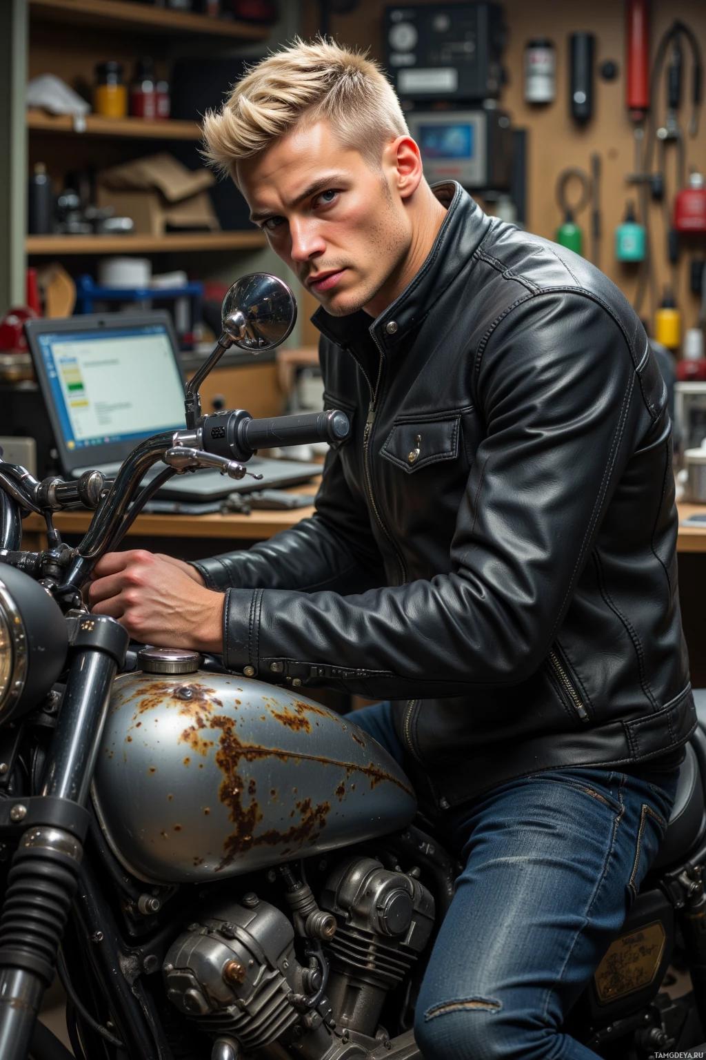 A man in a leather jacket sits on a motorcycle in a workshop.