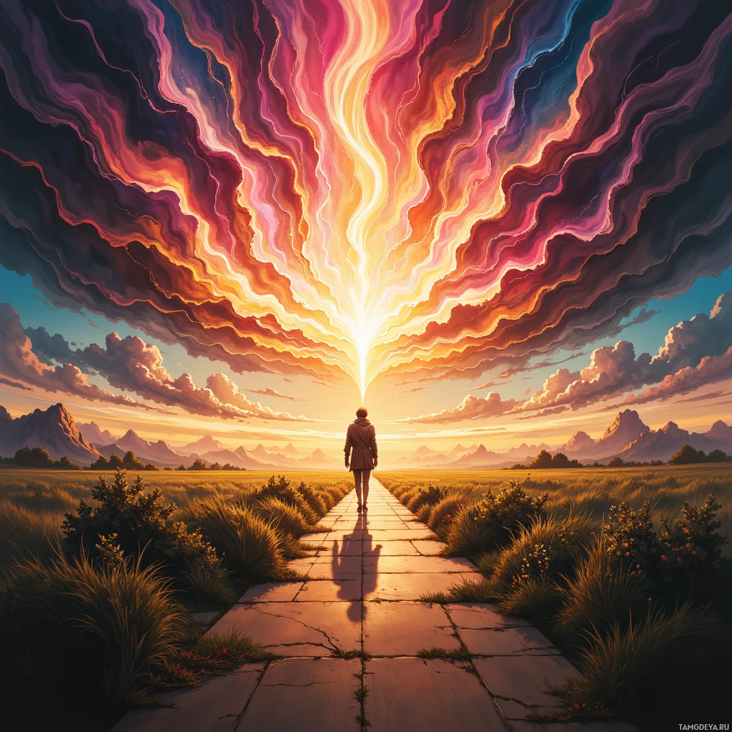A person walks down a path towards a radiant, colorful sky with swirling clouds.