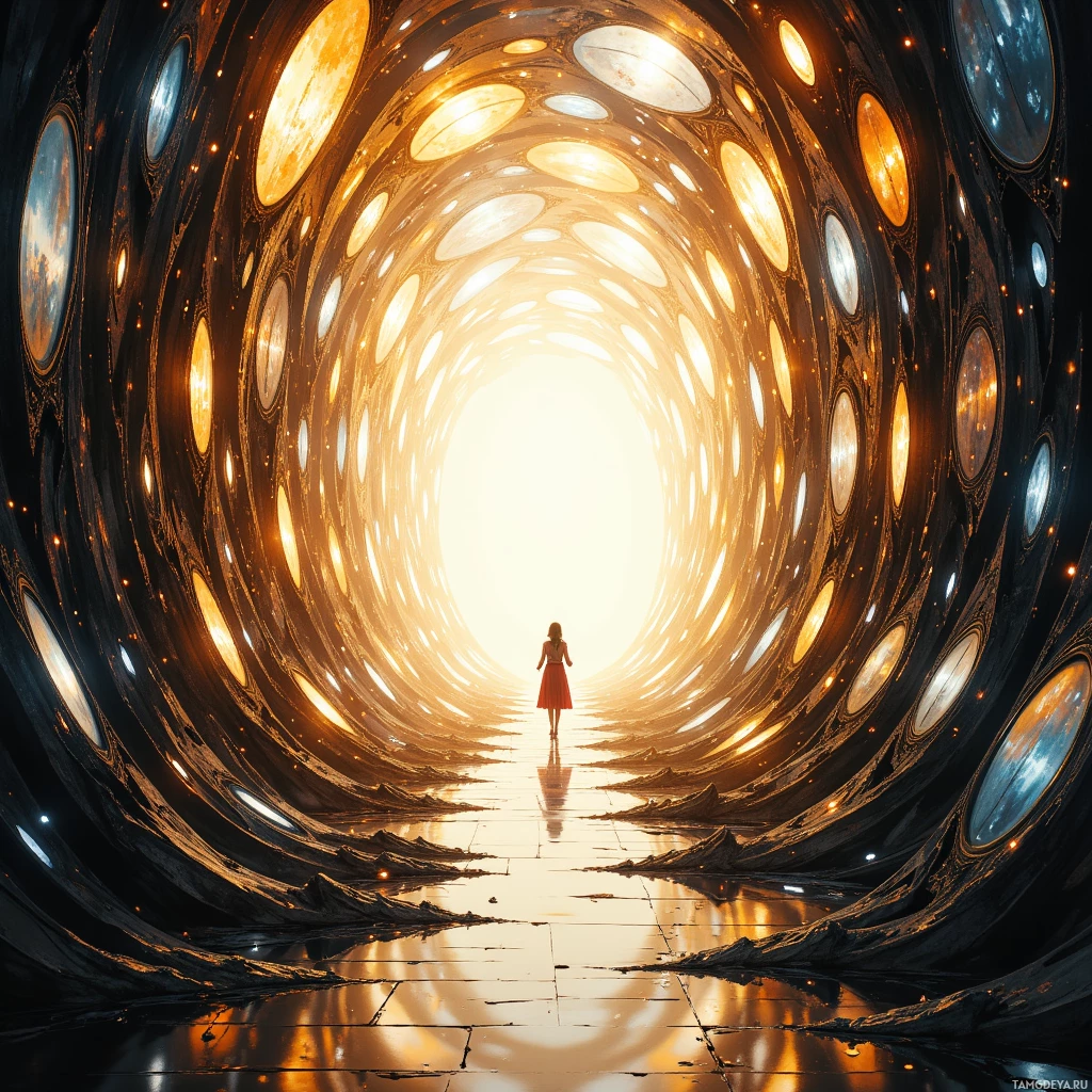 A person in a red dress walks towards a bright light at the end of a tunnel with glowing circular patterns.