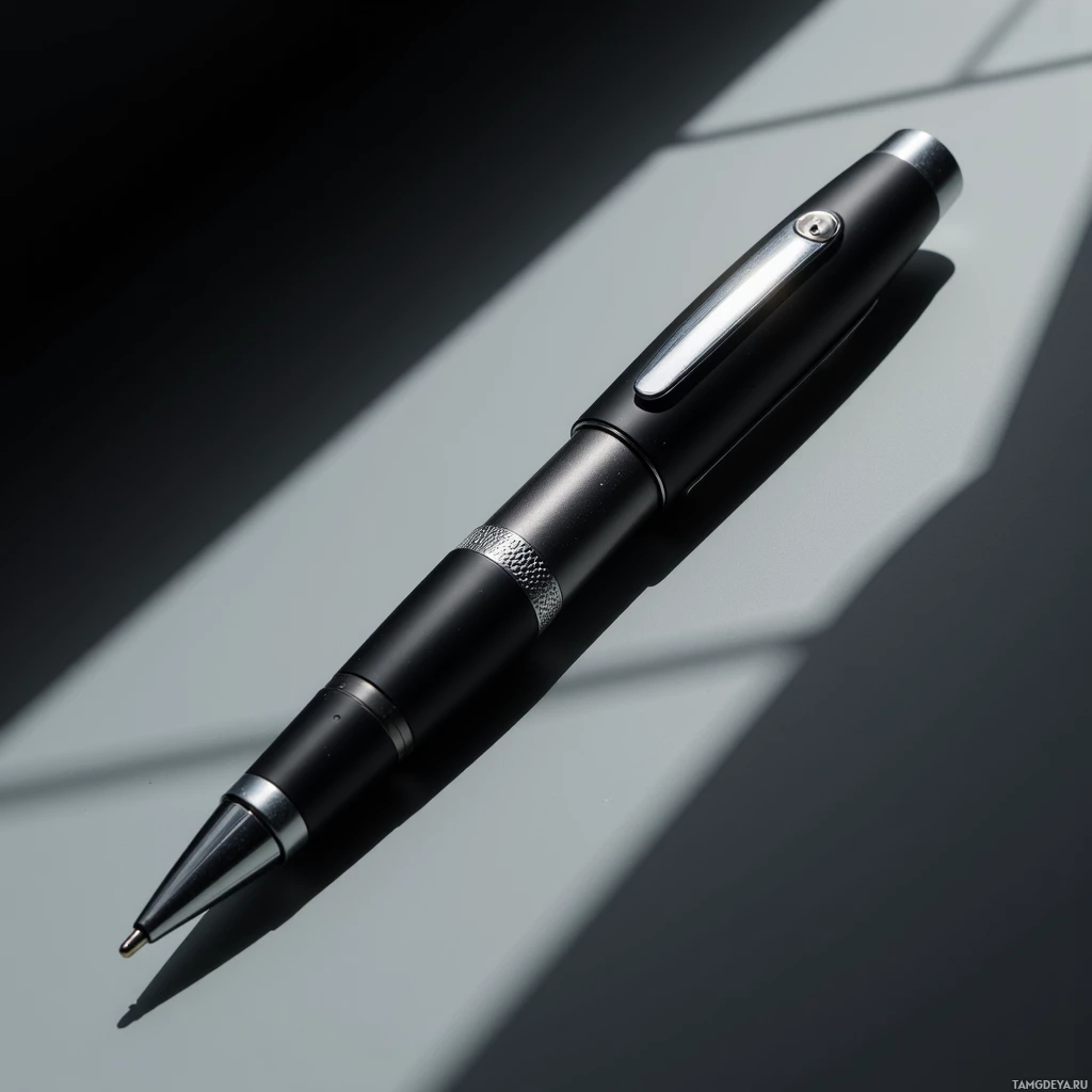 A sleek black pen with a metallic tip and clip is shown against a dark background with a light reflection.