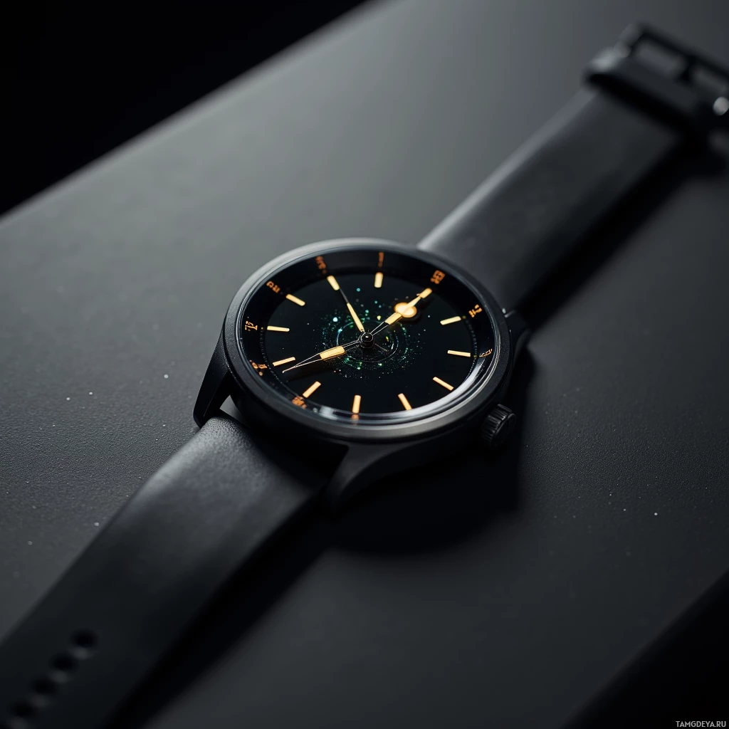 A sleek black wristwatch with a glowing face and gold accents rests on a dark surface.