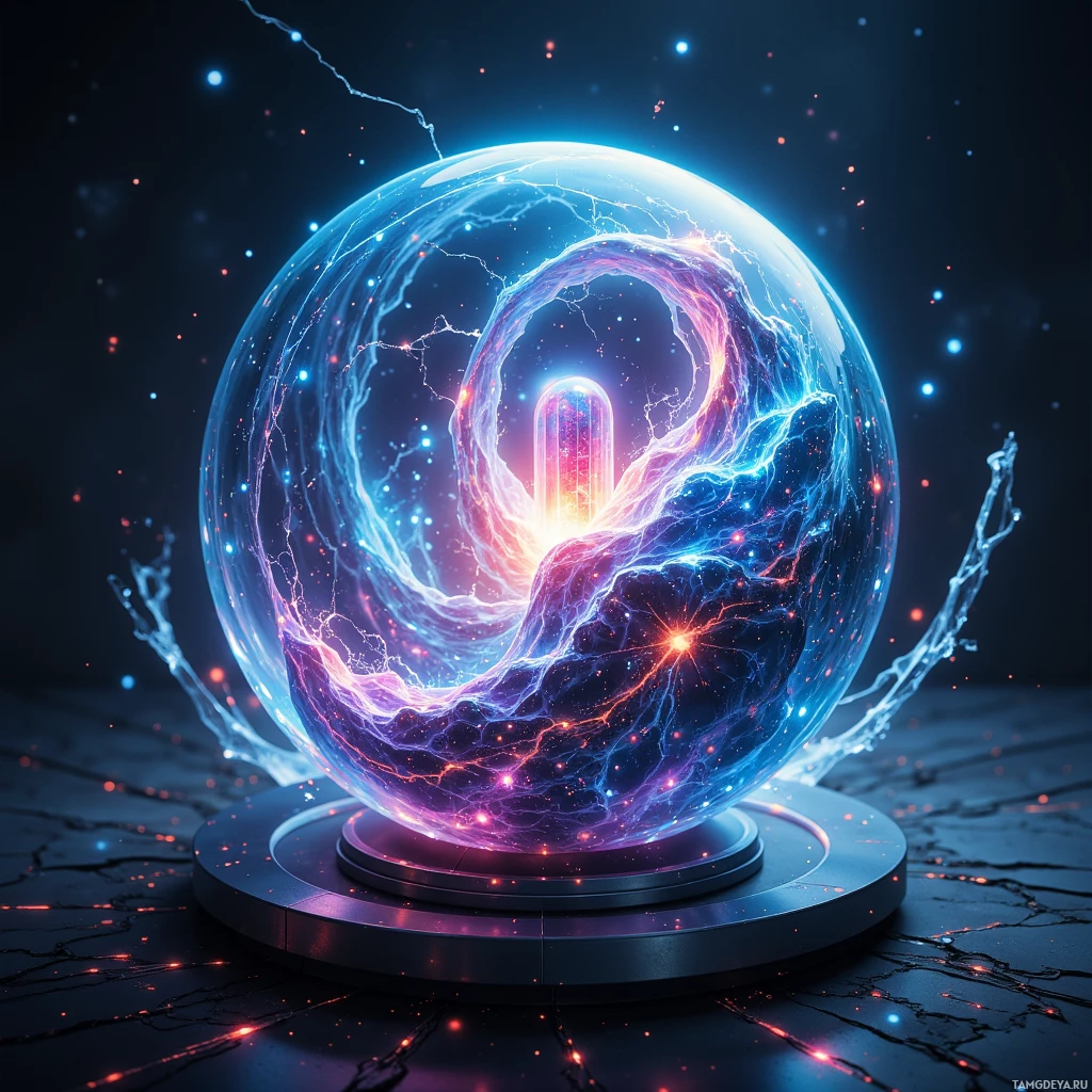 A glowing, ethereal sphere with intricate light patterns and a pedestal base.