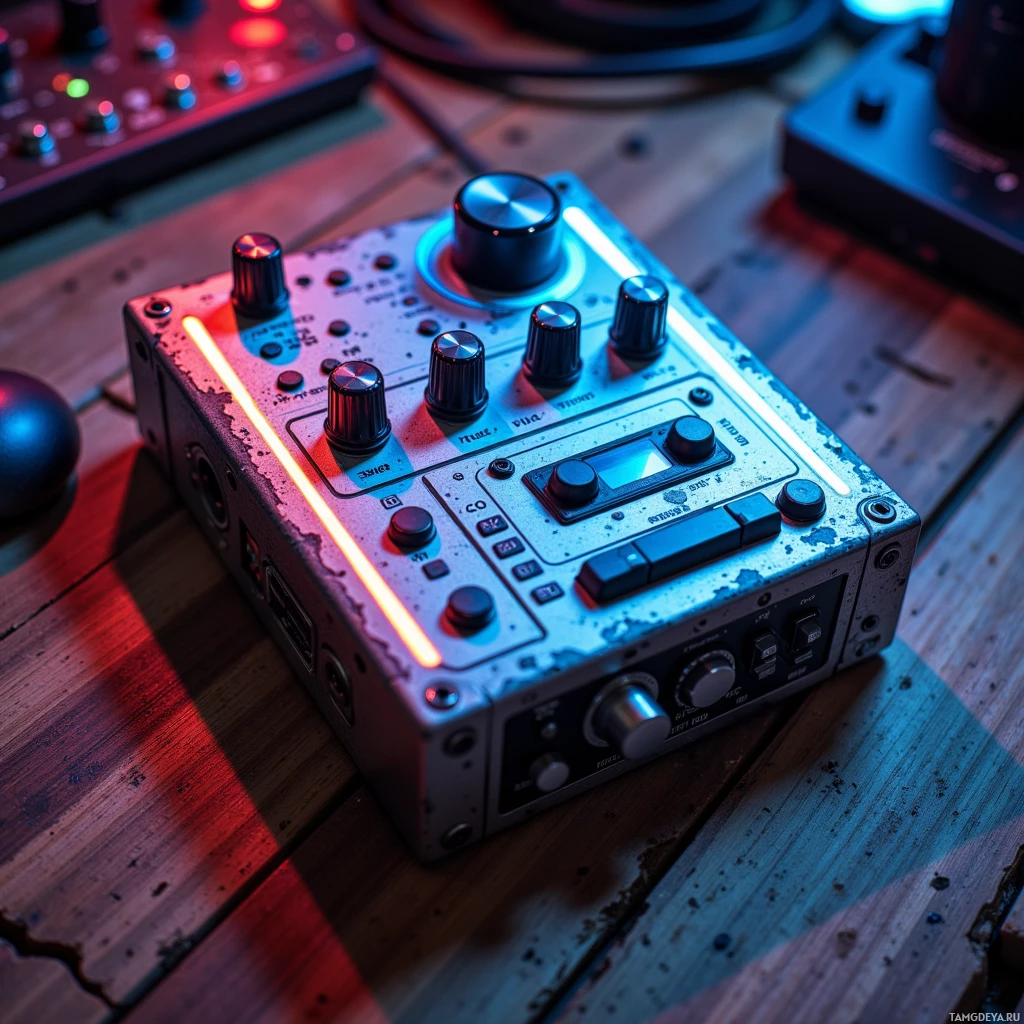 A close-up of a compact audio device with knobs and buttons, illuminated by red and blue lights, placed on a wooden surface.