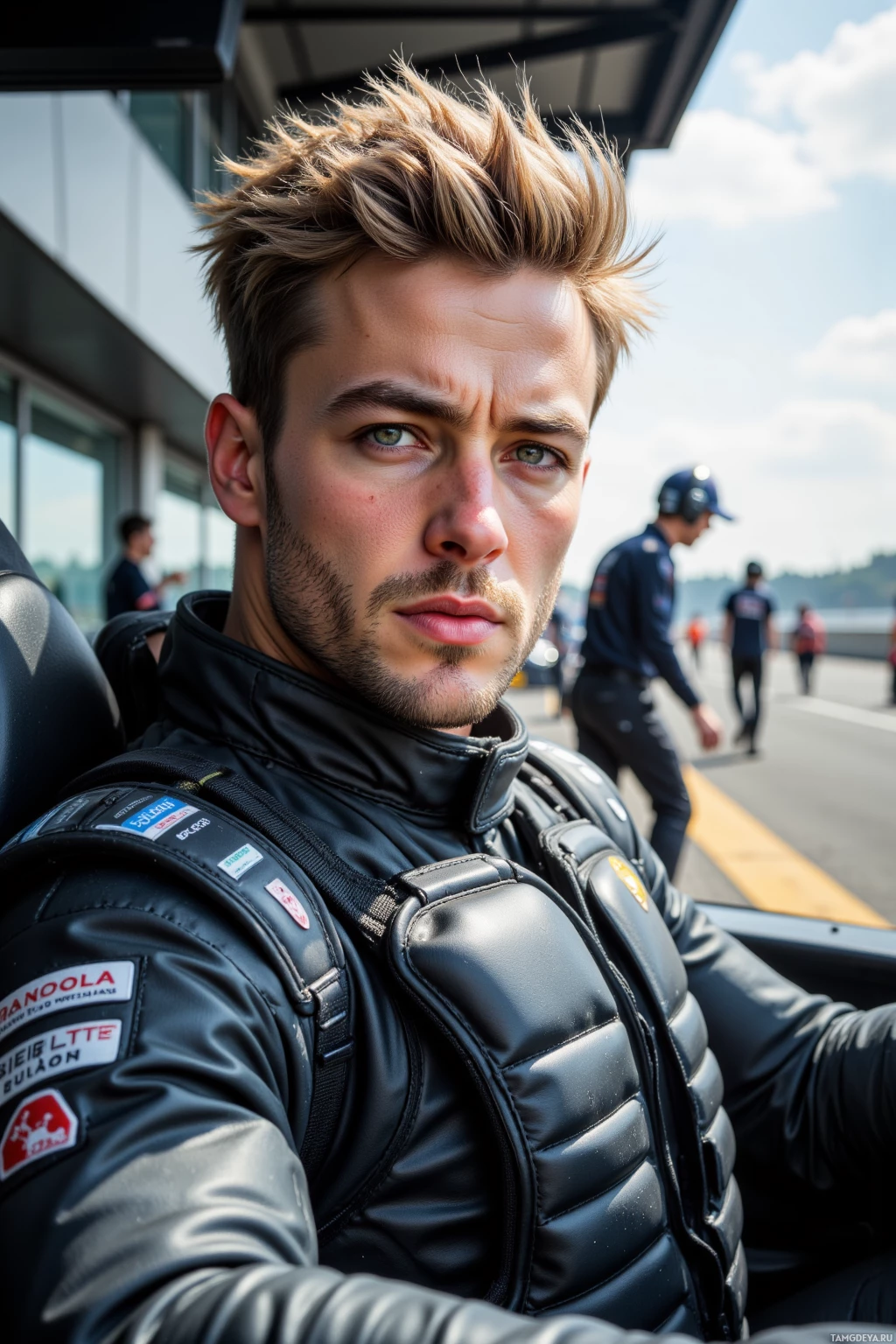 A person wearing a black racing suit and protective gear is seated in a vehicle.