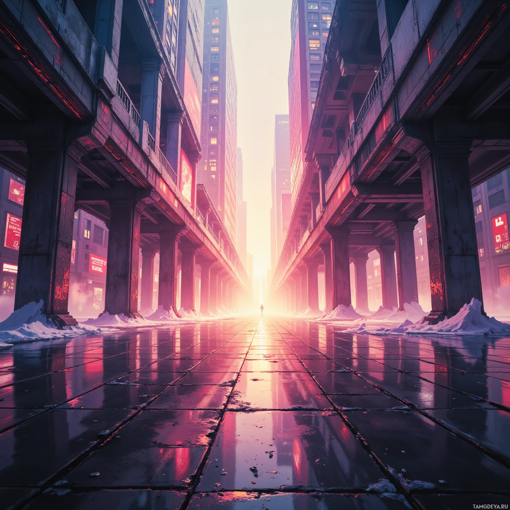 A cityscape with tall buildings and a person walking in the distance under a bright sky.