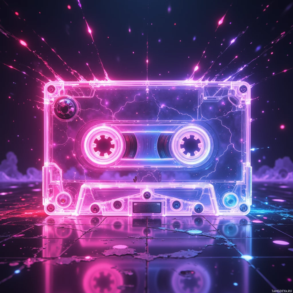 A glowing neon cassette tape with vibrant pink and blue lights against a dark background.