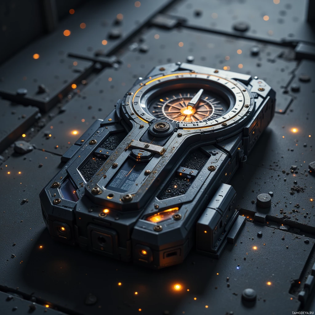 A futuristic, metallic device with glowing elements and intricate details.